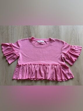 Altar'd State Pink Short-Sleeve Ruffle Cropped Peplum Top Size Small
